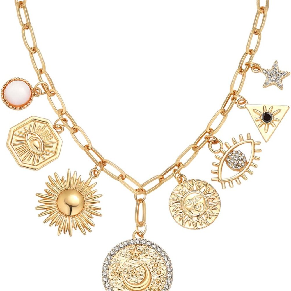 Charm Necklace for Women Gold Evil Eye Sun Moon Flower Coin Pendant Necklace Dai